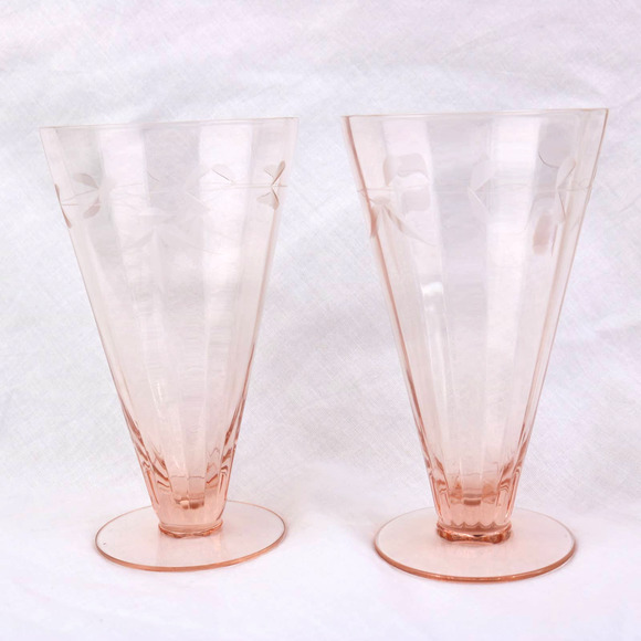Unbranded Other - Vintage Set of 2 Pink Depression Glass Etched Footed Paneled Cone Tumblers